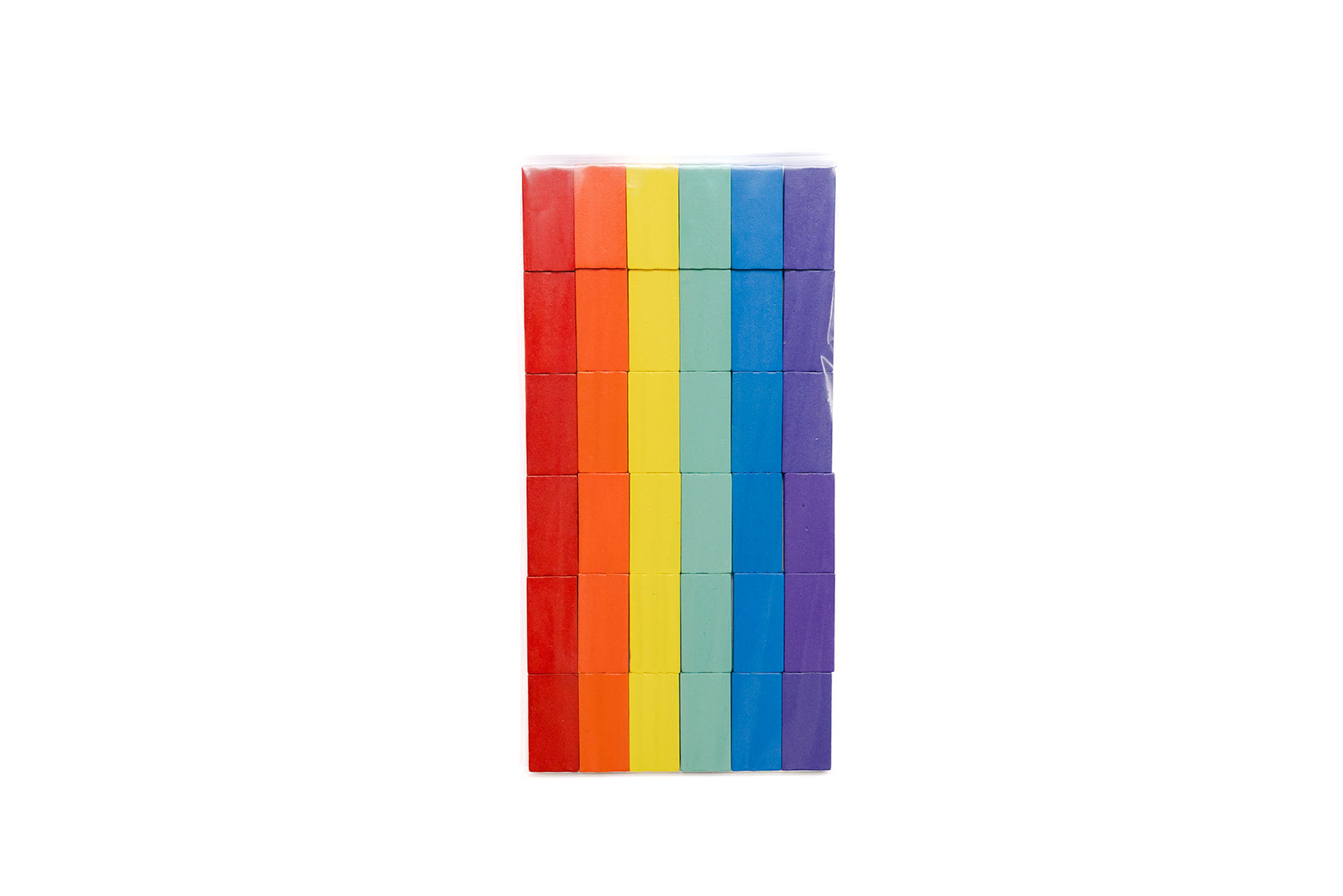Sleeve of 36 colorful wooden dominoes.